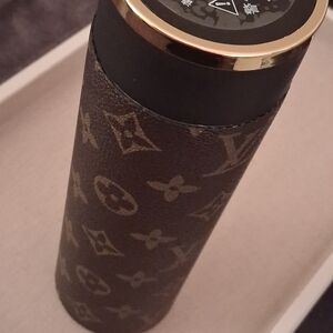 Monogram Pattern Brown Tumbler with Gold Trim.Fabric Custom Made to fit tumbler.